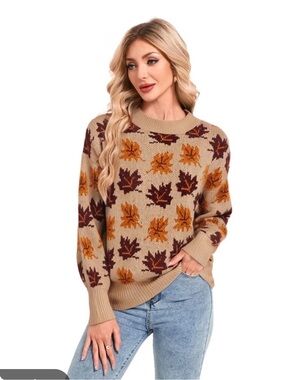 Maple Leaf Cozy Autumn Leaf Crewneck Sweater - Beige Small